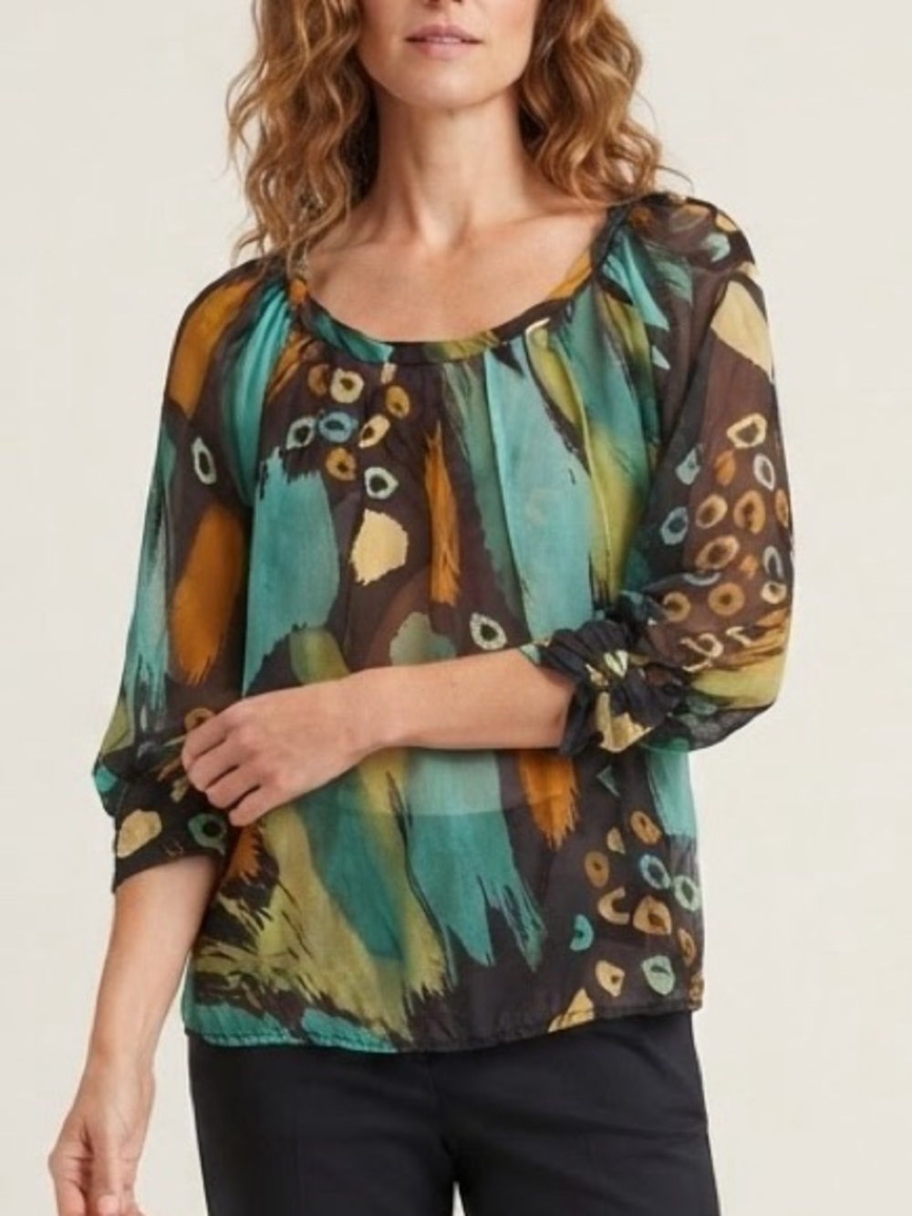 Sandra Angelozzi Sz S 100% Silk Abstract Print Sheer Boho Blouse
